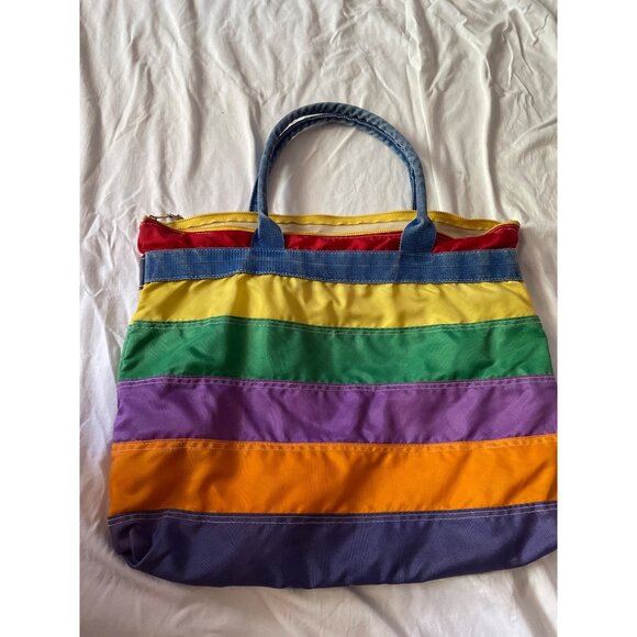 Rainbow Striped Tote Bag With Denim Handles & Zipper Closure Pride - Picture 1 of 6